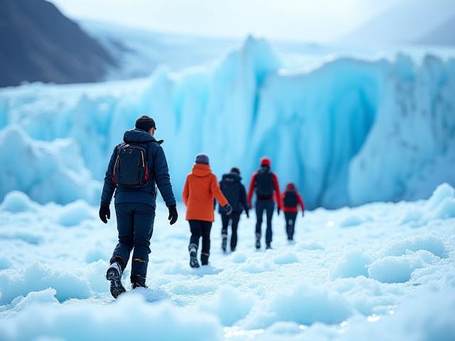 Group of adventurers guided through a pristine glacier landscape